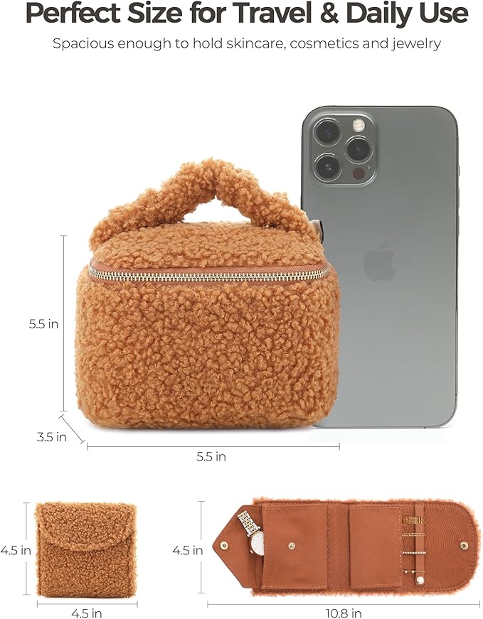 Travel Jewelry Case, 2-In-1 Small Jewelry Organizer Travel Jewelry Storage with Foldable Jewelry Roll for Earrings Rings Makeup, Travel Essentials Gifts for Women Girl, Toffee
