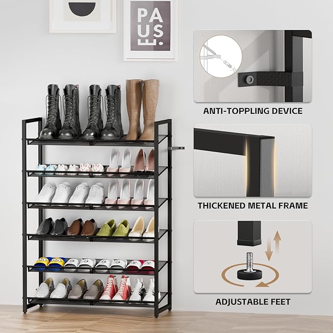 Shoe Rack, 6-Tier Metal Shoe Organizer, Tall Shoe Rack for Closet,entryway,Garage, with Adjustable Flat or Angled Shelves, Holds 18-24 Pairs,Shoes That can accommodate The Whole Family.