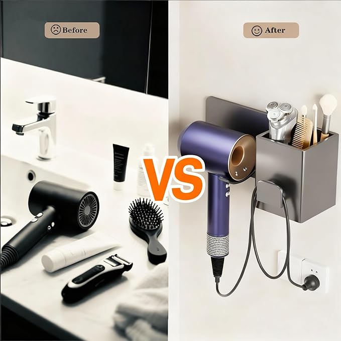 Hair Dryer Holder Wall Mounted, Blow Dryer Holder for Salon, Bedroom, Bathroom Storage, Multi-Functional Bathroom Wall Shelves Hair Tools Organizer for Hairdryers Hairbrush - No Drilling Needed