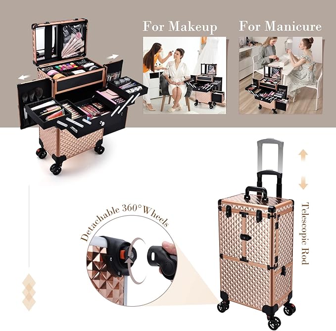 Adazzo Professional Makeup Artist Rolling Train Case Multi-functional Cosmetic Train Case Large Trolley Storage Case for Nail Technicians Cosmetology Case for Hairstylist Rose Gold