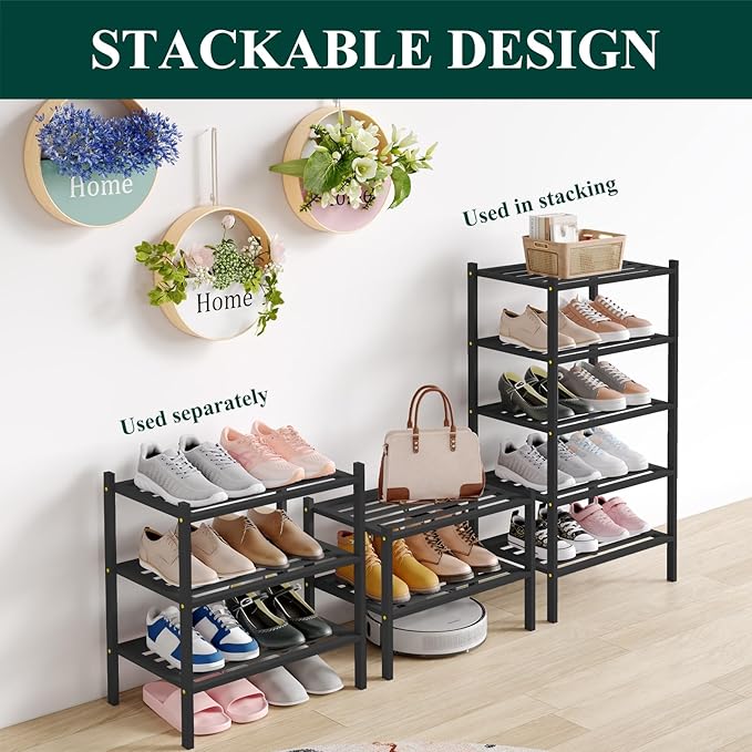 Smiry Small Bamboo Shoe Rack 4-Tier, Stackable Wooden Shoe Organizer for Entryway & Closet, Free Standing Wood Shoe Storage Shelf for Front Door & Small Spaces, Black