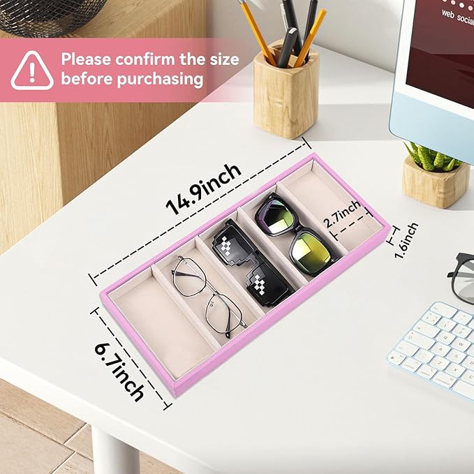 Sunglass Organizer, Pink Velvet Glasses Tray 5 Grids Stackable Display Case for Women Glasses Jewelry Display Watch
