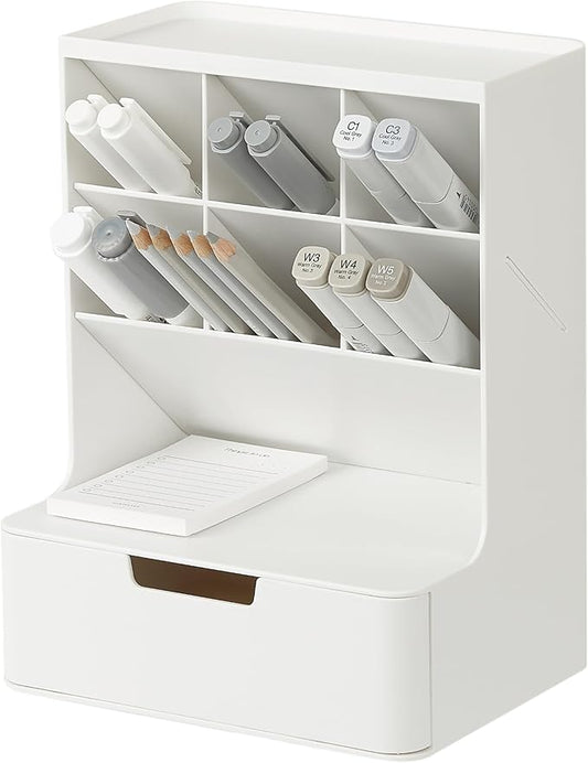 BLUE GINKGO Hive Desk Organizer – Vertical 6-Compartment, Full-drawer Storage – Space-Saving Pen Holder, Stationery Storage – Organizer for Office, School Supplies, Makeup (Made in Korea, White)