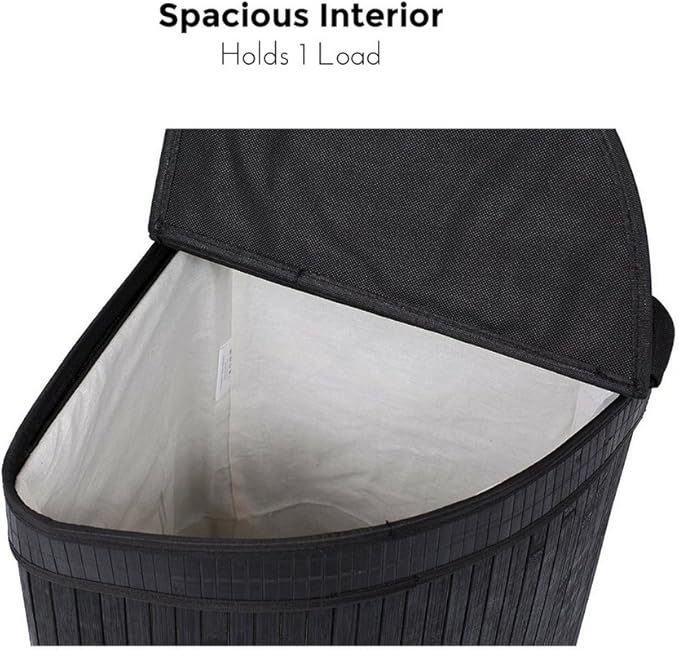 BirdRock Home Corner Laundry Hamper with Lid and Cloth Liner - Bamboo - Black - Easily Transport Laundry Basket - Collapsible Hamper - String Handles