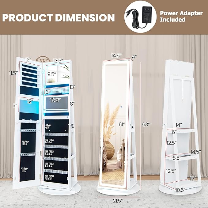 CHARMAID 360° Rotating Jewelry Armoire with LED Lighted Full Length Mirror & Built-in Vanity Mirror, Lockable Standing Jewelry Cabinet with Lights, Large Storage Organizer for Jewelry (White)