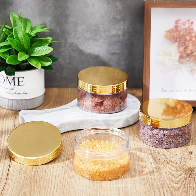 Dandat 24 Pcs 8 oz Plastic Jar Container with Lid and Label Refillable Empty Round Clear with Gold Pet Cosmetic Sample Slime Containers for Lotion, Cream, Ointments, Body Butter, Makeup Travel Storage