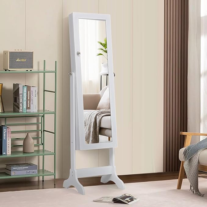 COSTWAY Standing Jewelry Armoire Cabinet, 4-Angle Tilting Jewelry Organizer with Full-length Mirror and Large Storage Capacity, Lockable Jewelry Cabinet for Bedroom, Dressing Room (White)