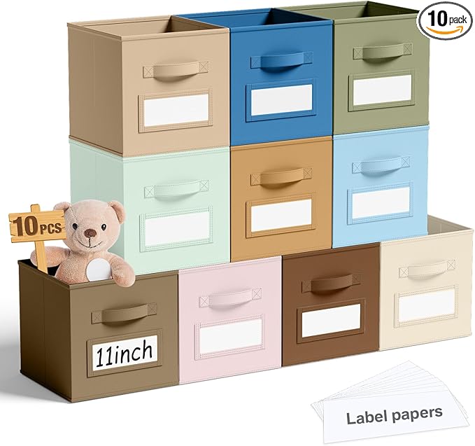 10 Pcs Fabric Storage Cubes with Labels 11 Inch Collapsible Cube Organizer Baskets with Window Cards for Shelf Clothes Book Storage Bin(Boho)