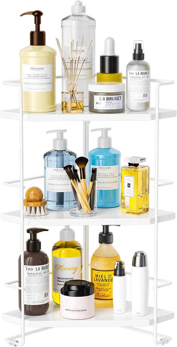 3-Tier Bathroom Countertop Organizer, Bathroom Organizers and Storage for Bathroom, Kitchen Counter, Corner Storage Shelf for Bedroom Storage Makeup Skincare Perfume (White)