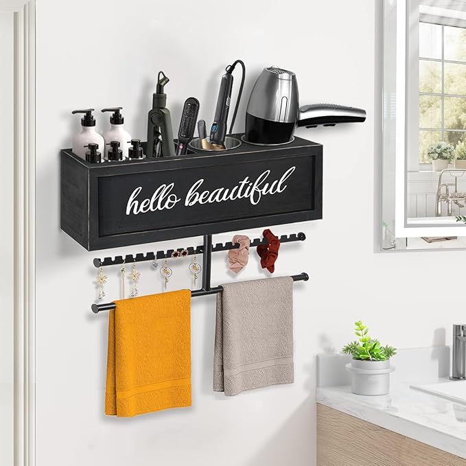 Rustic Hair Dryer Holder Wall Mounted,Hair Styling Tools & Accessories Organizer,Bathroom Supplies & hot Tools vanities Organizer Caddy,for Storage Flat Iron,Blow Dryer,Curling Iron,Towel