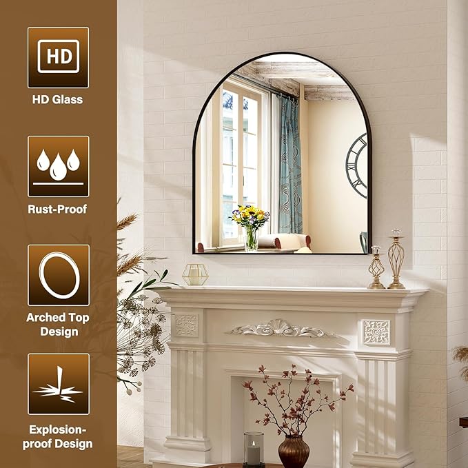 Arched Bathroom Mirror 32" x 34" for Bathroom Vanity Mirror or Wall Decor Black Arch Mirror Aluminum Alloy Frame Wall Mounted Mirror for Living Room Bedroom Entryway