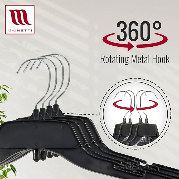 Mainetti 484 Recycled Black Plastic Hangers - 20 Pack with Rotating Metal Hook and Notches for Straps, Great for Shirts/Tops/Dresses, 17-Inch
