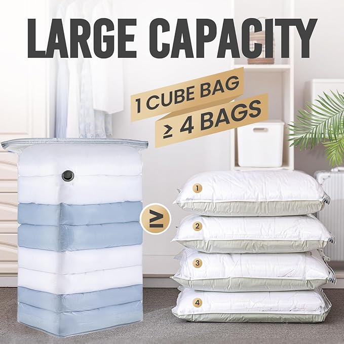 6 Jumbo Vacuum Storage Seal Bags, Space Saver Bags with Travel Hand Pump, Compression Airtight Sealer Bags for Clothes, Bedding, Pillows, Comforters, Blankets