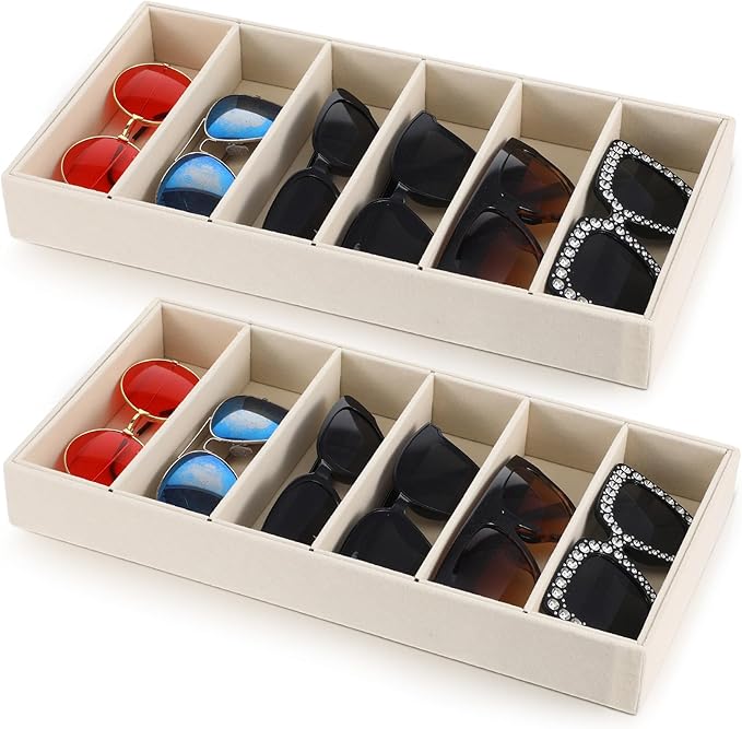 2 Pack Sunglasses Organizer Tray 6 Grid Jewelry Glasses Holder Storage Organizer Drawer Eyeglasses Sunglasses Display Velvet Tray for Women Glasses Jewelry Display Watch (Beige)