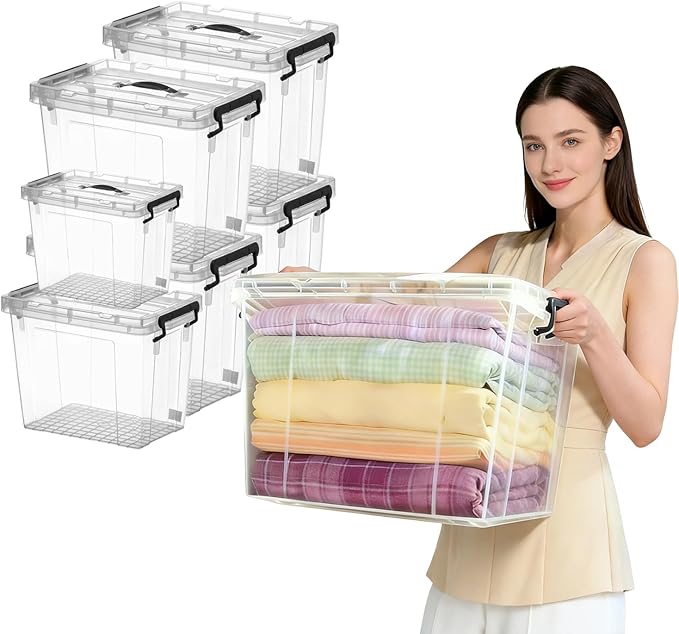 Clear Storage Bins with Lids, 288 QT (4 Pack-60 QT, 1 Pack-28 QT, 1 Pack-20 QT) Stackable Plastic Organizer for Home, Office, Garage, BPA-Free, Heavy-Duty with Secure Latches & Handles