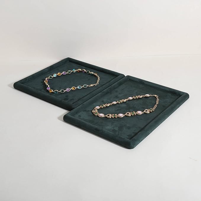 Rectangle Jewelry storage organizer plate, Velvet Jewerly display tray, Empty showcase tray for Necklace Bracelet Ring Earring【Green-Medium, 11.8 x 8.7 in 】