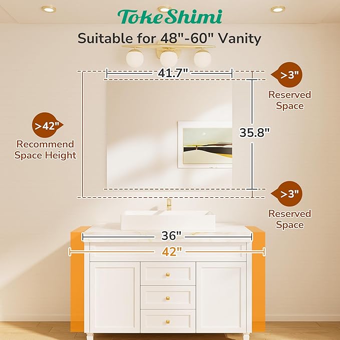 TokeShimi 42x36 Frameless Bathroom Vanity Mirrors for Over Sink, Modern Rectangle Bathroom Mirrors for Wall with Polished Edge Shatterproof Decorative Mirror for Bedroom, Living Room, Entryway
