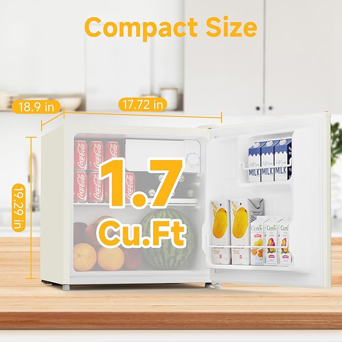 BANGSON 1.7 Cu.Ft Mini Fridge with Freezer, Compact Single Door Refrigerator - Energy Saving, Low Noise - Perfect for Office, Apartment, Dorm, Bedroom,Cream White
