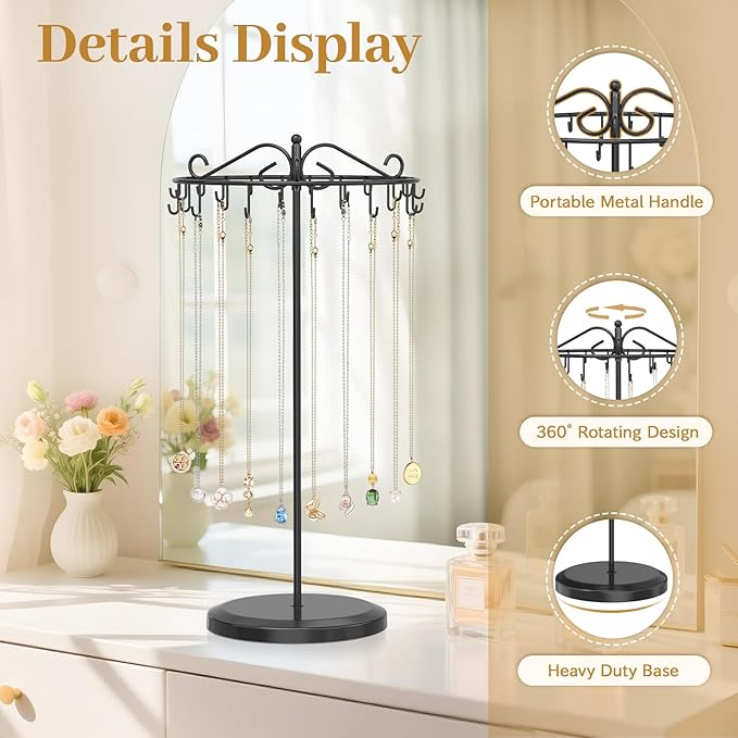MODOWEY Necklace Holder Organizer Rotating Display, 24 Hooks Stand Adjustable Tree for Long Chain Storage, Tabletop Metal Hanger Rack for Men Women, No More Tangled Pendant Jewelry, Black