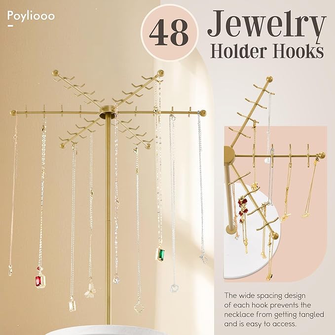 Necklace Holder Jewelry Stand, Rotating Necklace Holder Organizer with 48 Hooks for Necklace Earring Keychains Bracelet Display Stand, Metal Necklace Tree Stand -Women Gifts (Gold)