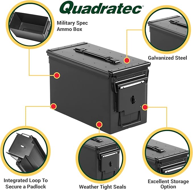Quadratec 50 Cal Ammo Can, Black - Waterproof Ammo Box - Steel Ammo Storage Case - Fits Jeep Wrangler CJ YJ TJ JK JL & Gladiator JT - Overlanding, Tools, First Aid & Tow Recovery Gear Storage