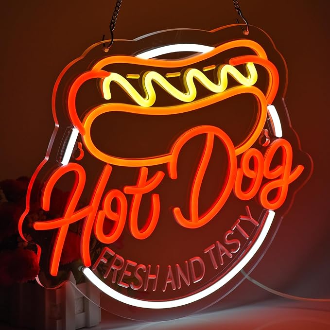 Hot Dog Neon Sign for Wall Decor LED Light up Sign Business Signage for Home Kitchen Restaurant Bar Cafe Fast Food Shop Gift 14.6" x 12.6" Led Art Wall Hanging Decorative Lights
