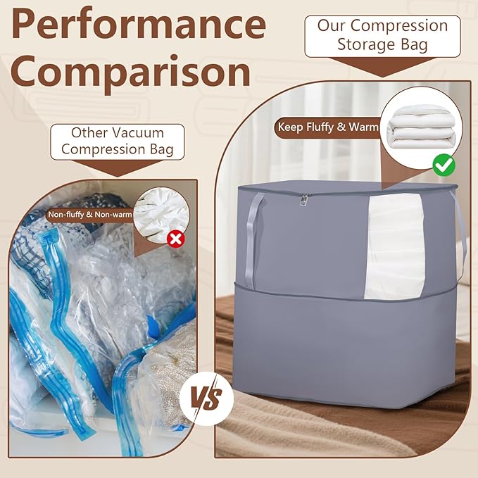 Comforter Storage Bag, Large Capacity Blanket Storage Bags with Visual Window, Ultra Space Saving Self Compression Organizer, Washable Compression Bag for Duvet, Down Jacket, Pillow, 2-Pack, 136L Gray
