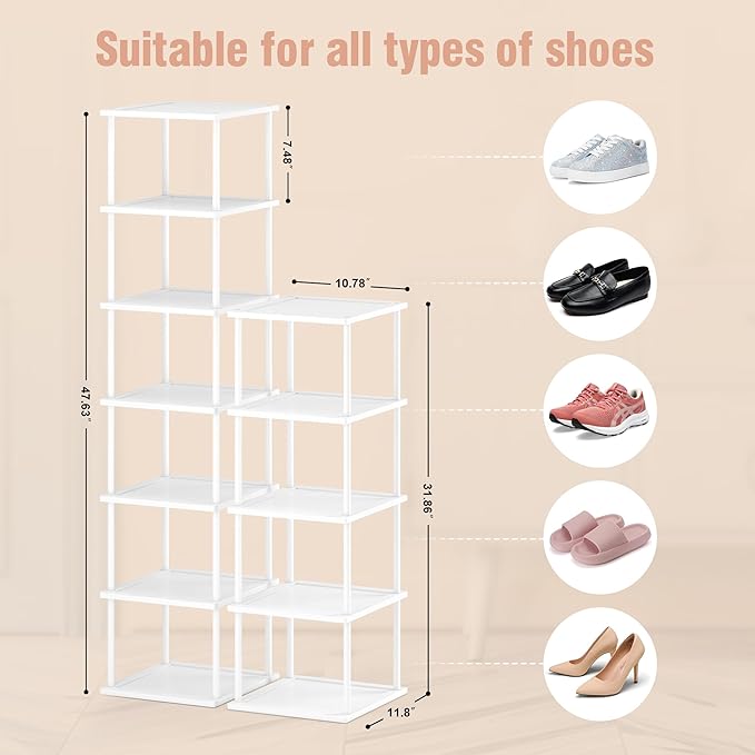 Vertical Tall Shoe Rack Organizer for Entryway -12 Tier Free Standing Slim Narrow Bamboo Wood Corner Stackable Shoe Boots Storage Stand Small Spaces for Closet Garage Cloakroom Living Room (White)