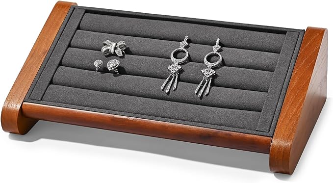 Solid Wood Jewelry Ring Stand Slotted Display Jewelry Showcase Display Organizer Ring Holder for Showcase(Grey)