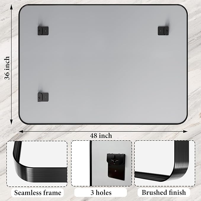48X36 Inch Black Metal Framed Bathroom Mirror for Wall, Matte Black Vanity Mirror Farmhouse, Large Rounded Rectangle Mirror, Anti-Rust, Tempered Glass, Hangs Horizontally or Vertically