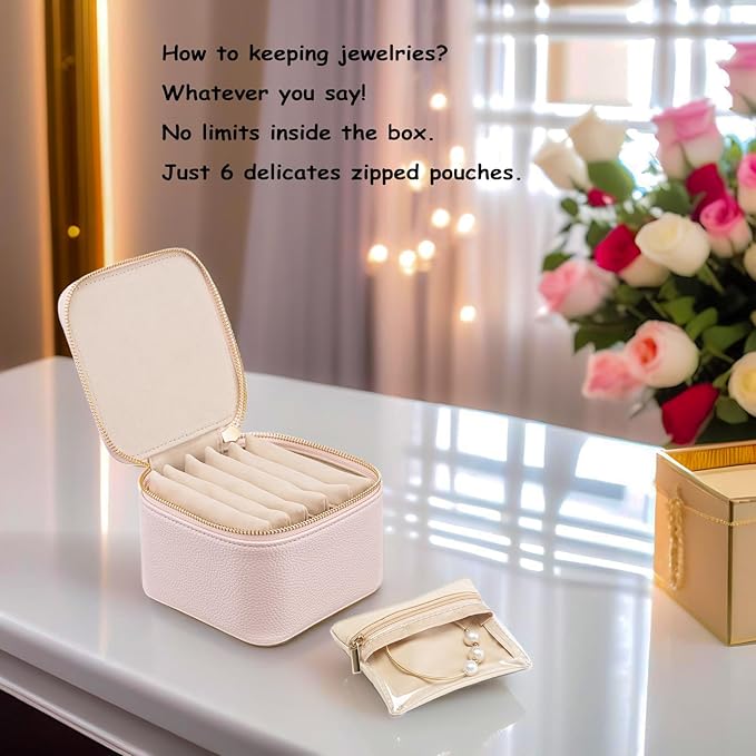 Vlando Travel Jewelry Box Organizer - 6 Small Velvet Zipped Pouches Pockets for Jewelries Necklaces Rings Earrings Sorting Storage, Rosy Mauve