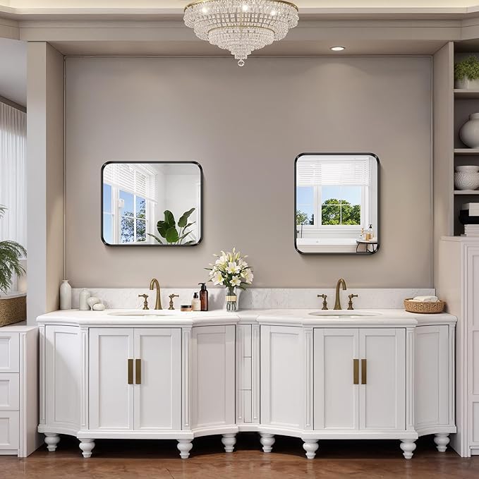 FORBATH 24x20 Inch Bathroom Mirror for Wall, Black Metal Framed Vanity Mirrors for Over Sink, Rounded-Corner Rectangle Mirror for Bedroom Living Room Entryway Hallway, Hangs Horizontal or Vertical