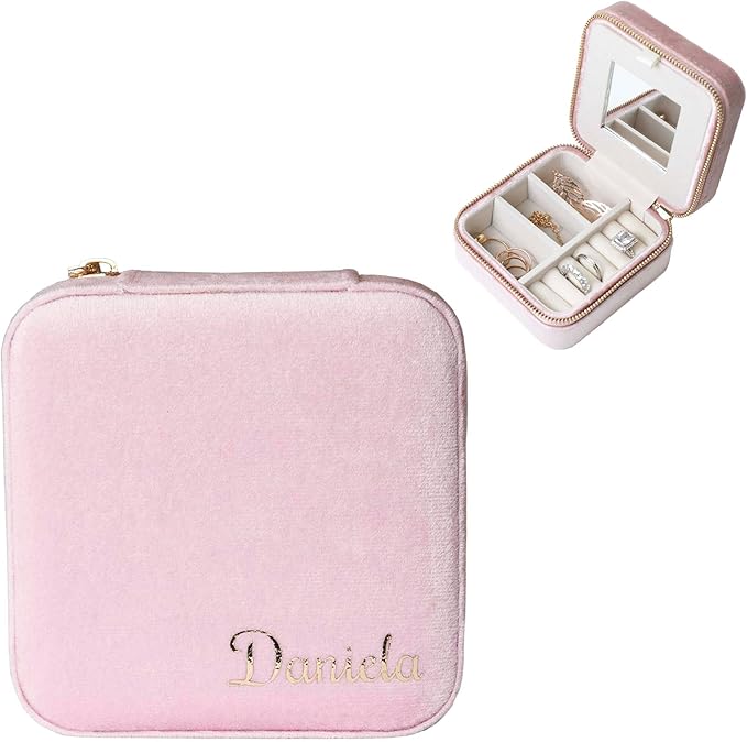 Customizable Compact Velvet Jewelry Box with Mirror, Travel Jewelry Case, Travel Jewelry Organizer, Jewelry Box for Women and Girls, Small Jewelry Organizer (Bottom Right Text, Powder Pink)
