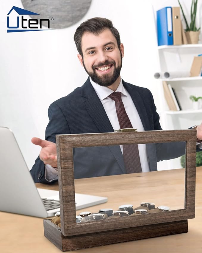 Uten Watch Box 10 Slots, Watch Case Organizer with Real Glass Lid, Wood Grain PU Leather Watch Display Storage Box with Removable Imitation Suede Watch Pillows, Metal Clasp