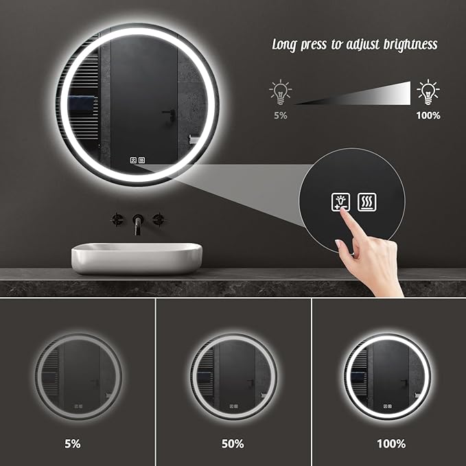 APRILSOUL 28 Inch Round LED Bathroom Mirror with Lights, Makeup Mirror with Front and Backlit, Anti-Fog, 3 Colors and Dimmable Light