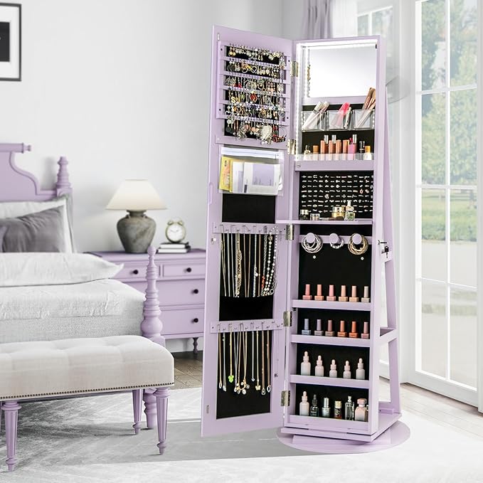 CHARMAID 360° Swivel Jewelry Armoire with Full Length Mirror, Rear Storage Shelves, Lockable Standing Jewelry Cabinet Organizer with Interior Vanity Mirror and 3-Color Lights (Lavender)