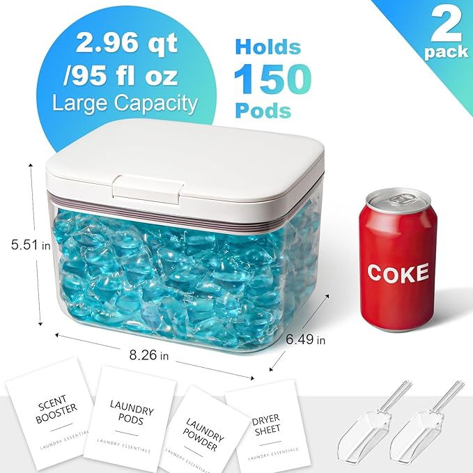 Dryer Sheet Holder and Laundry Pods Container, 2 Pack 2.96 qt. / 95 fl oz Powder Dispenser for Room Organization Decor, Plastic Pod Beads Detergent Storage