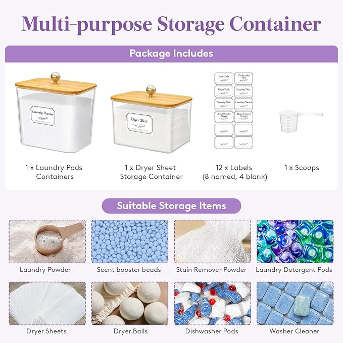 Lifewit Large Laundry Pods Container& Dryer Sheet Holder, Plastic Detergent Dispenser, Laundry Room Organization Storage Jars for Powder, Soap, Scent Booster Beads,Bamboo Lid,0.53+0.7 gal,2 Pcs