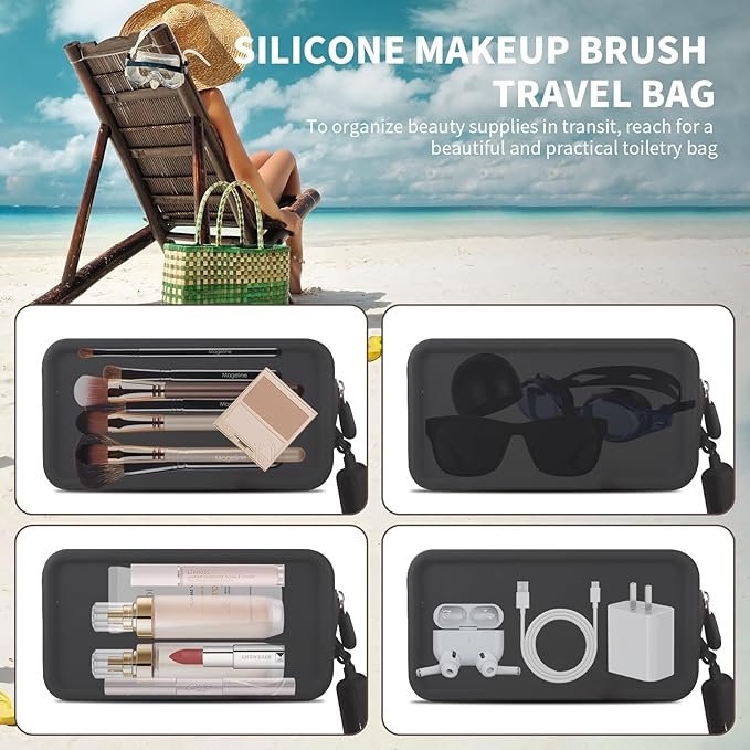 Silicone Makeup Bag, Portable Makeup Brush Holder, Travel Cosmetic Bag Versatile Zipper Pouch For Women (Black)