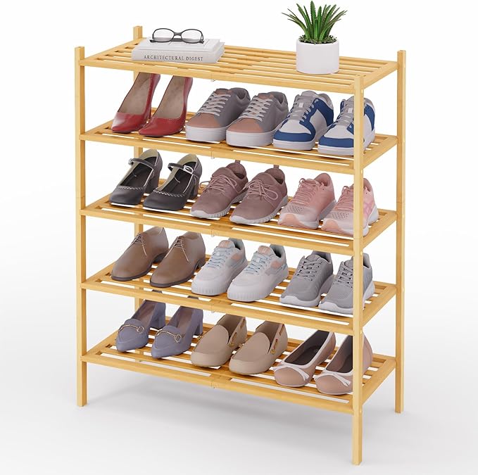 Smiry Bamboo Shoe Rack 5-Tier, Stackable Wooden Shoe Organizer for Entryway & Closet, Free Standing Wood Shoe Storage Shelf for Front Door & Small Spaces, Natural