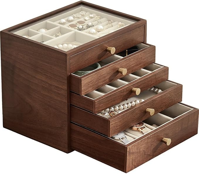 Black Walnut Wooden Jewelry Box Women large 5 Layer Drawer Wood Organizer Box with Glass Lid for Necklaces, Watch, Necklace, Ring, Earring Storage - Valentine's Day Gifts