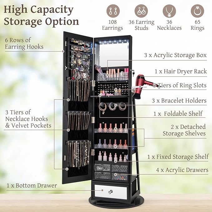 GOFLAME 360 Rotating Jewelry Cabinet with Full Length Mirror, Standing LED Jewelry Armoire, Lockable Jewelry Organizer with Hair Dryer Rack, Back Storage Shelves, Inner Makeup Mirror, Black