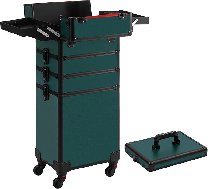 Makeup Train Case, Rolling Makeup Case with Lid, 5 in 1 Cosmetology Case on Wheels, Christmas Gift, Large Makeup Case Organizers, Profesional Cosmetic Case for Salon Barber, Black Green