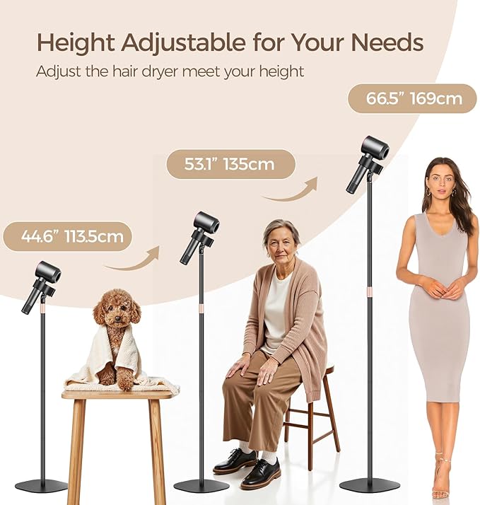 Hair Dryer Stand, 1.68M Height Adjustable Blow Dryers Holder, Ultra Stable Holder with 360° Rotating, Universal Clips, Work with All Dryer, Floor Dryer Stand for Salons or Home Use