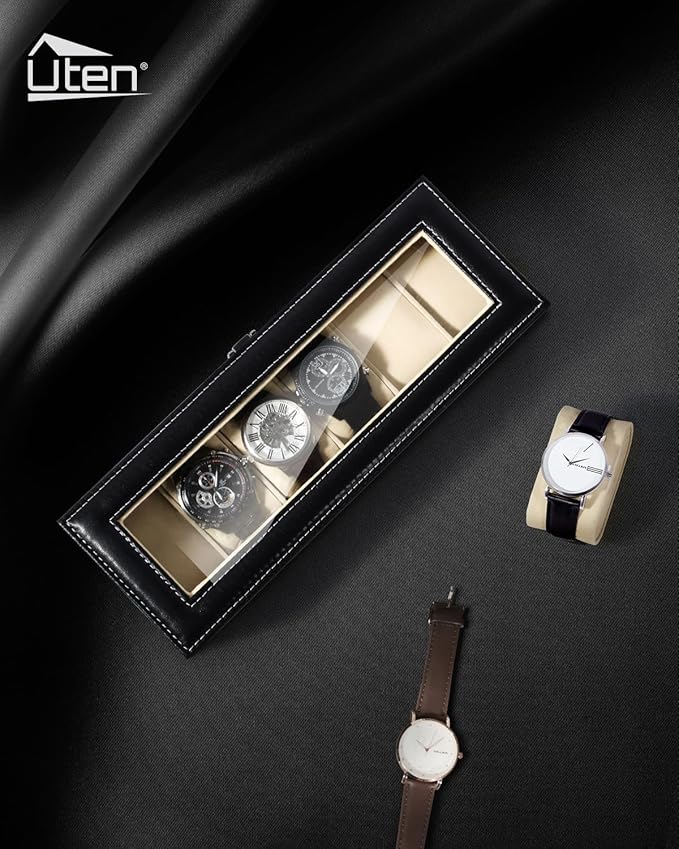 Uten Watch Box, 6 Slots Watch Case, Watch Box Organizer Jewelry Storage with Large Glass Lid, Watch Display Case, Watch Box for Men & Women