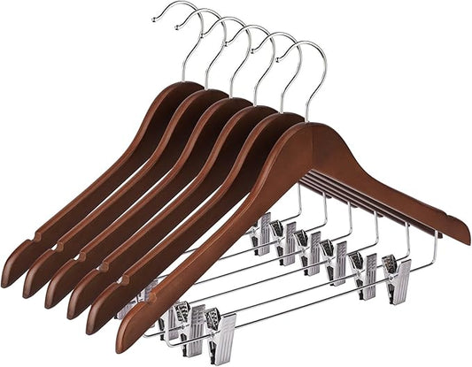Wooden Pants Hangers 12 Pack With Clips - Adjustable Heavy Duty for Skirts, Jeans, Slacks, Shorts (Walnut)