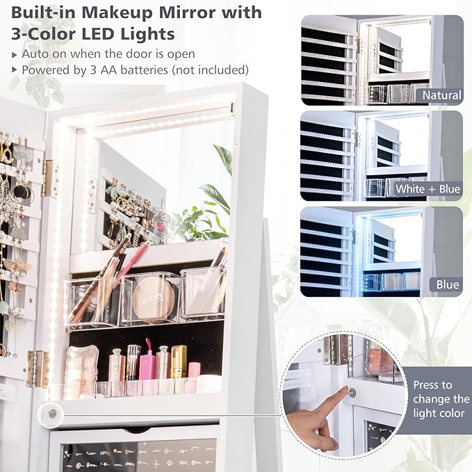 CHARMAID 360° Swivel Jewelry Armoire with Full Length Mirror, Rear Storage Shelves, Lockable Standing Jewelry Cabinet Organizer with Interior Vanity Mirror and 3-Color Lights (White)