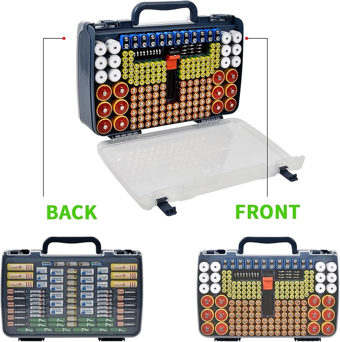 Battery Organizer Storage Holder Box Case with Tester- 269 Batteries Double-Sided Variety Pack, Holds AA AAA 4A C D Cell 9V 3V Lithium LR44 CR2 CR123 CR1632 18650 Button- Blue (Box Only)