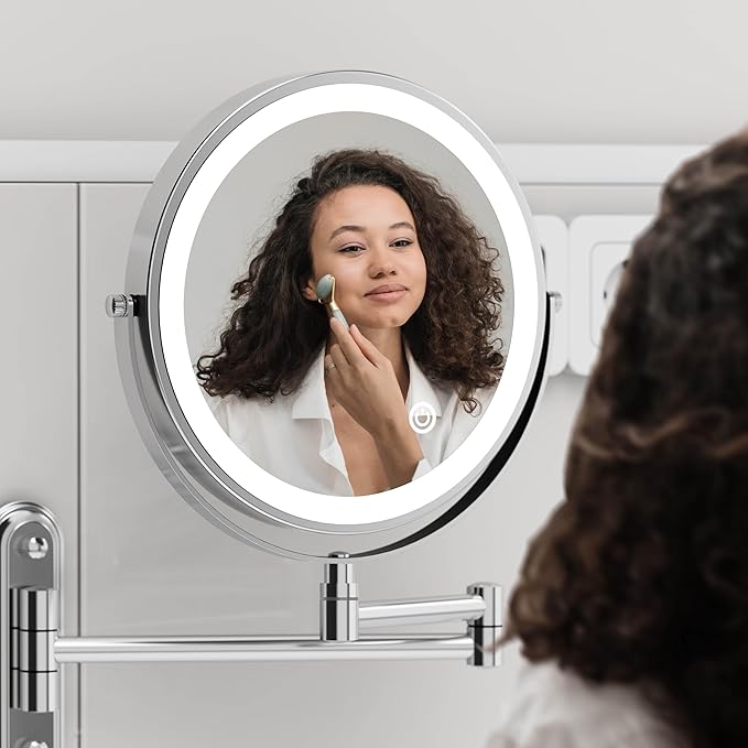 Rocollos Rechargeable Wall Mounted Lighted Makeup Mirror, 8 Inch Double-Sided LED Vanity Mirror 1X/10X Magnification,3 Color Lights Touch Screen Dimmable (Narrow Base-Chrome)