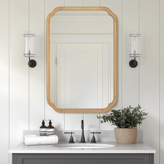 WallBeyond 24" x 36" Rounded Corner Arch Wall Mirror with Wood Frame for Entryway, Living Room or Bedroom Home Decor - Light Woodgrain 24" x 36" Natural Color